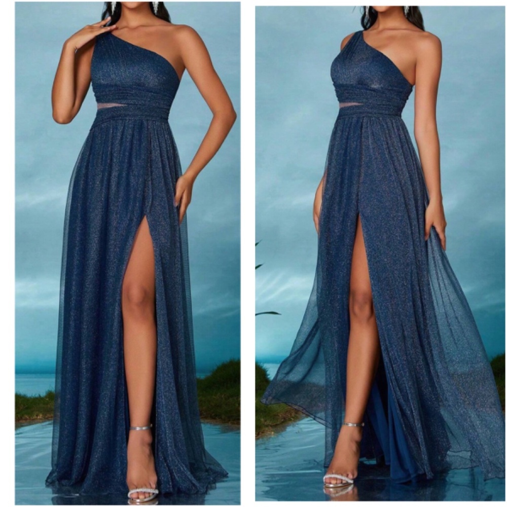 Luxe One Shoulder Split Thigh Cut out Formal Wedding Dress - Picture 7 of 10